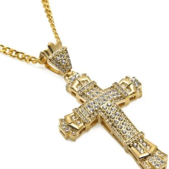 Hip-Hop, Bling, Simulated Diamond Cross Pendant Badass, Gothic Necklace - Picture 2 of 6